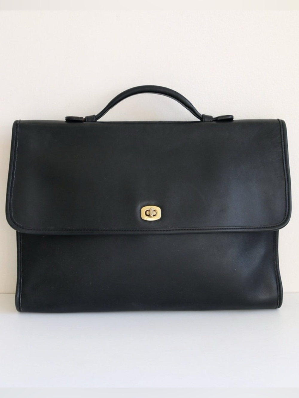 Coach Black Leather Briefcase with Gold Tone Lock & Hinges